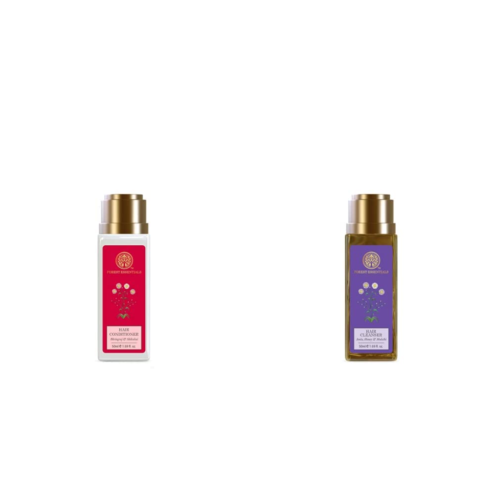 Forest Essentials cleanser and conditioner duo in compact 50 ml bottles