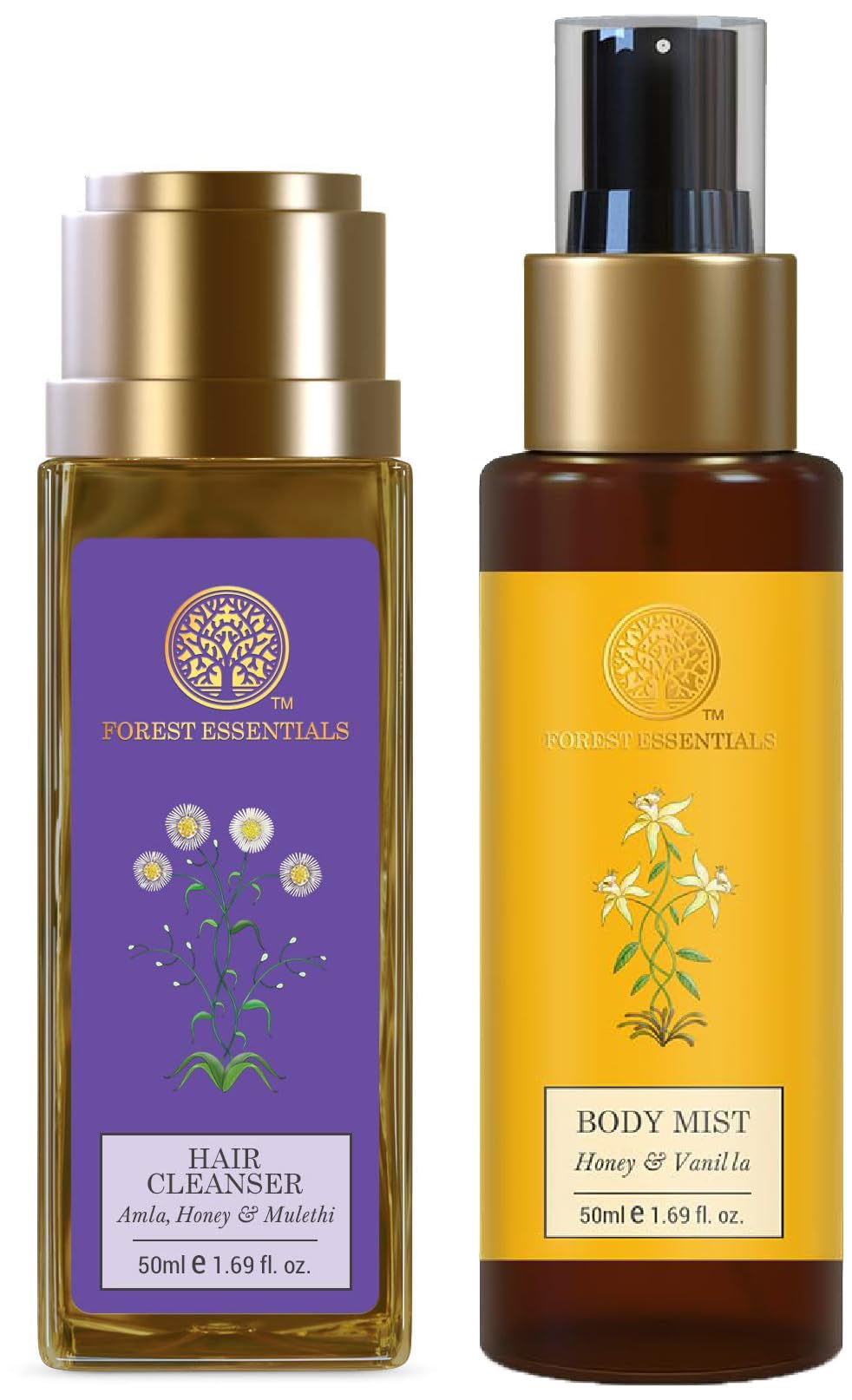 Travel-size Forest Essentials body mist with amla hair cleanser set