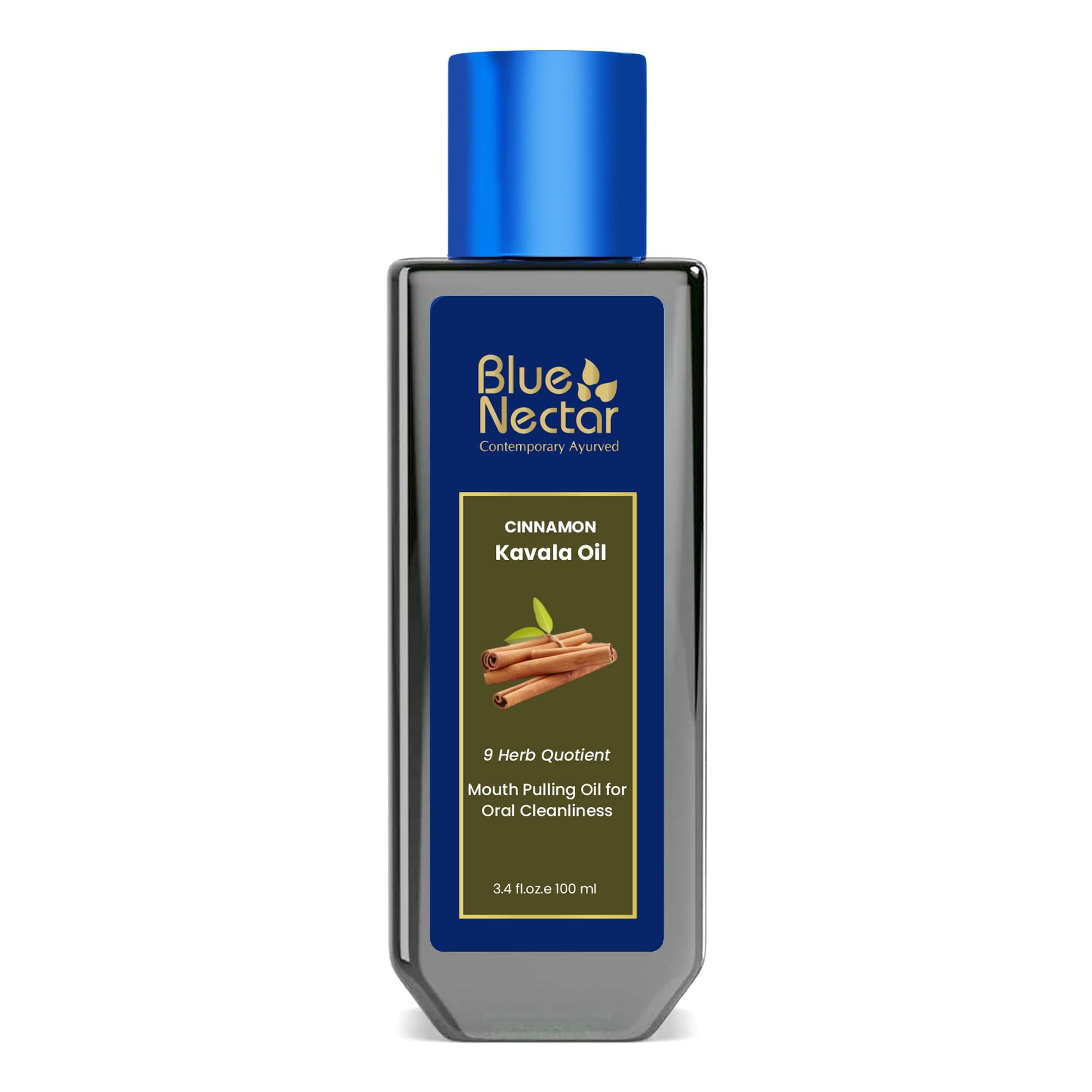 Blue Nectar Cinnamon Mouth Pulling Oil for Kavala Gandusha Oral Hygiene Ritual | Ayurvedic Mouth Wash Liquid for Bad Breath Remover, Oral Care & Gum Care Support (9 Herbs, 100ml)