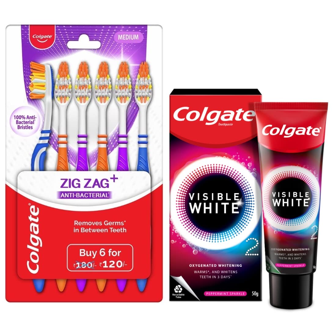 Colgate whitening toothpaste and multicolour ZigZag toothbrushes bundle pack
