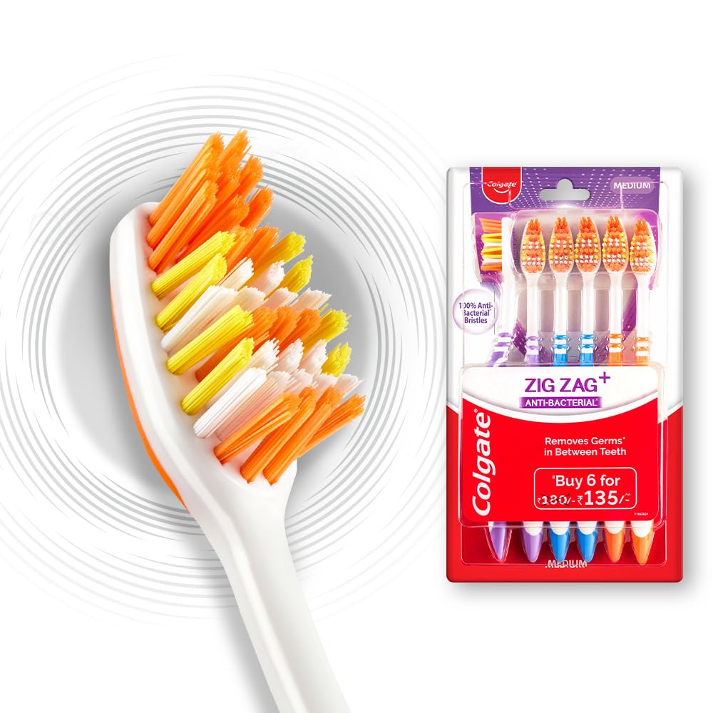 Assorted Colgate ZigZag medium manual toothbrushes in pack of six