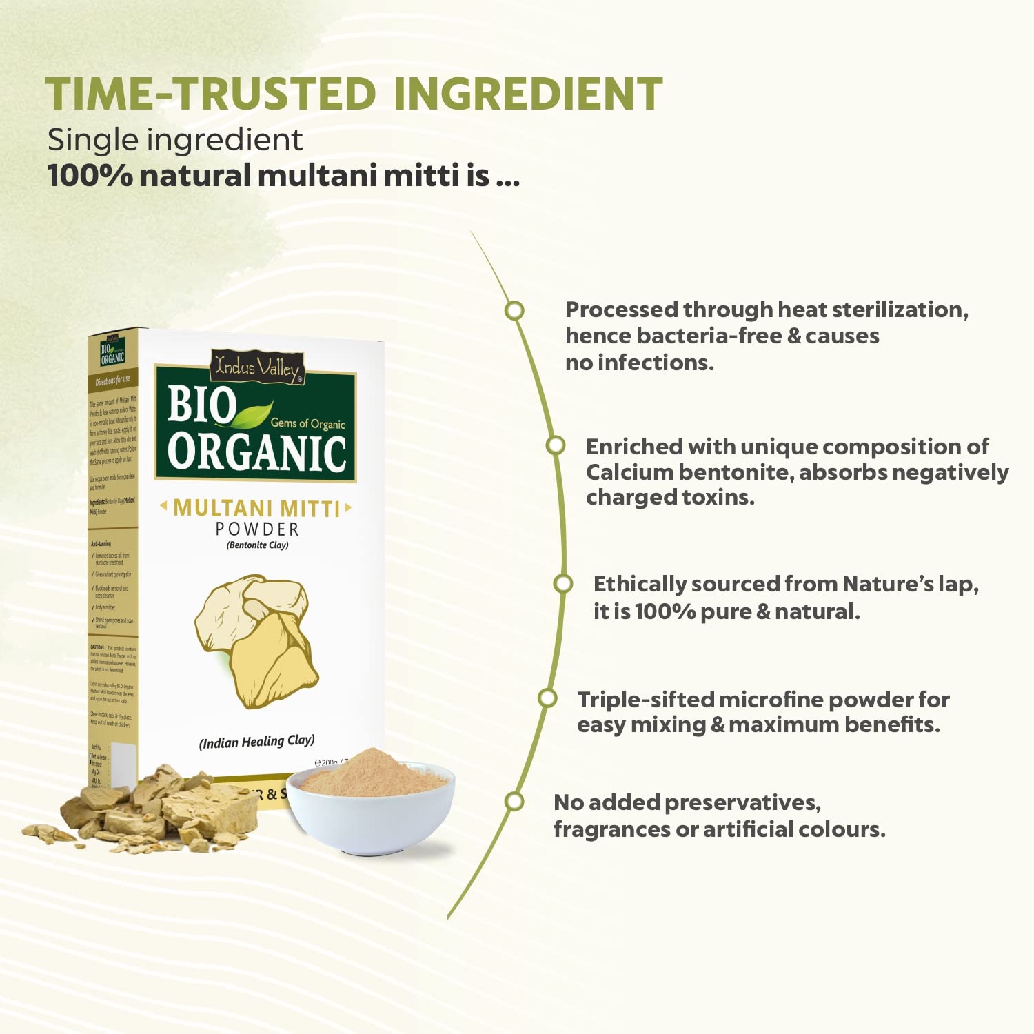 INDUS VALLEY Bio Organic Natural Multani Mitti Powder For Face Pack, Hair Pack, Pure Fuller's Earth For Soft and Glowing Skin, Bentonite Clay - 200g – view 4