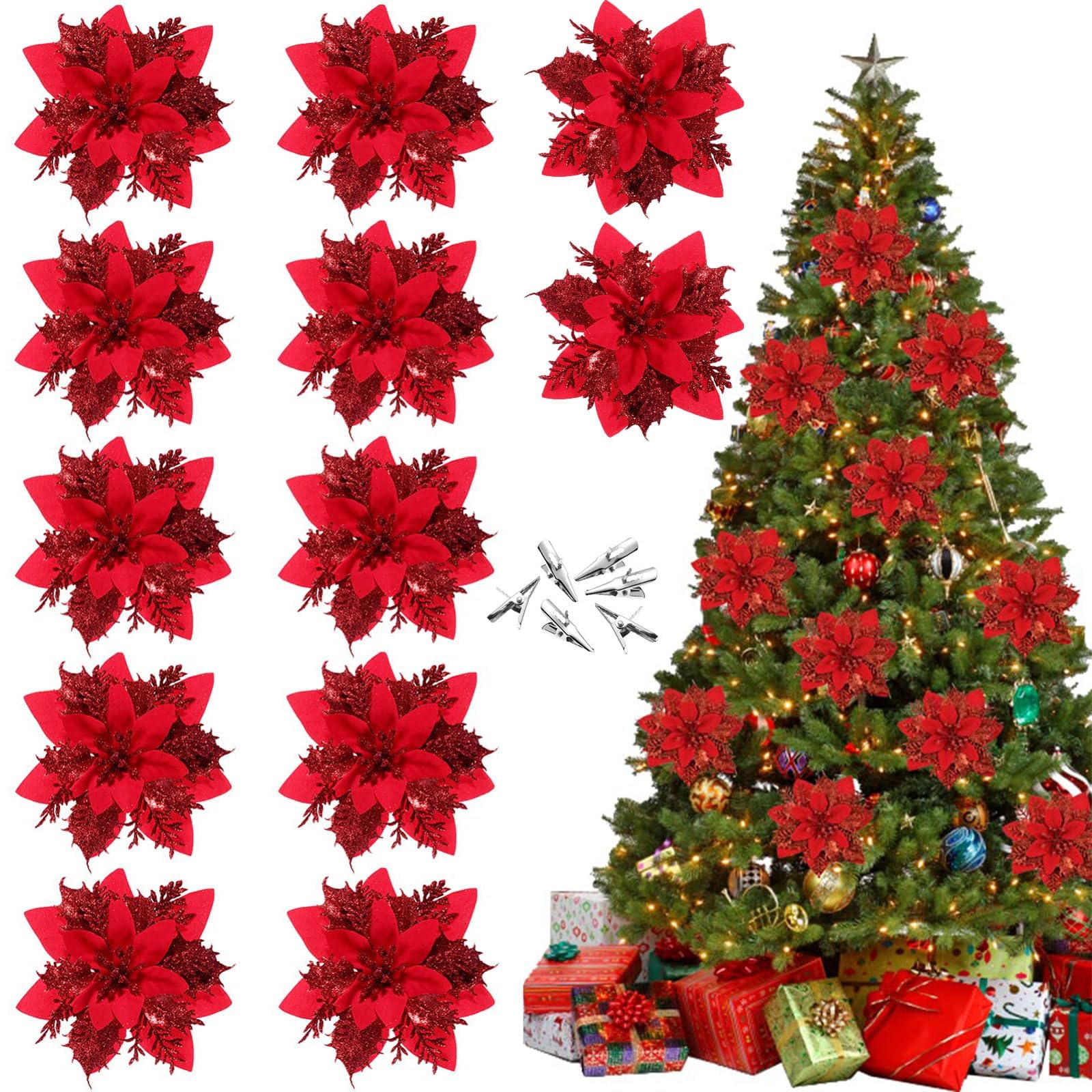Red artificial poinsettia flowers for Christmas tree and wreath decor