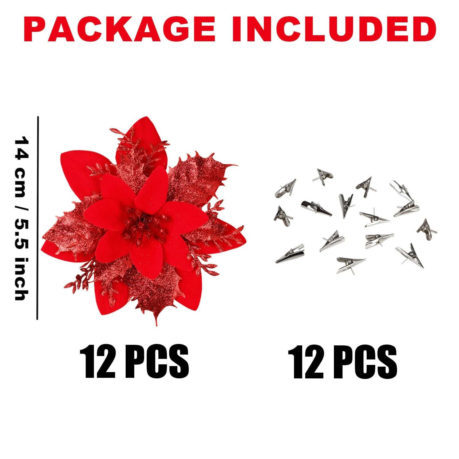 BAOTUJIA 12Pcs Red Christmas Poinsettias Flowers Decoration Artificial Flowers for Christmas Tree Ornaments Suitable for Home Christmas Decorations Xmas Tree Decorations Items Wreath Making – view 2