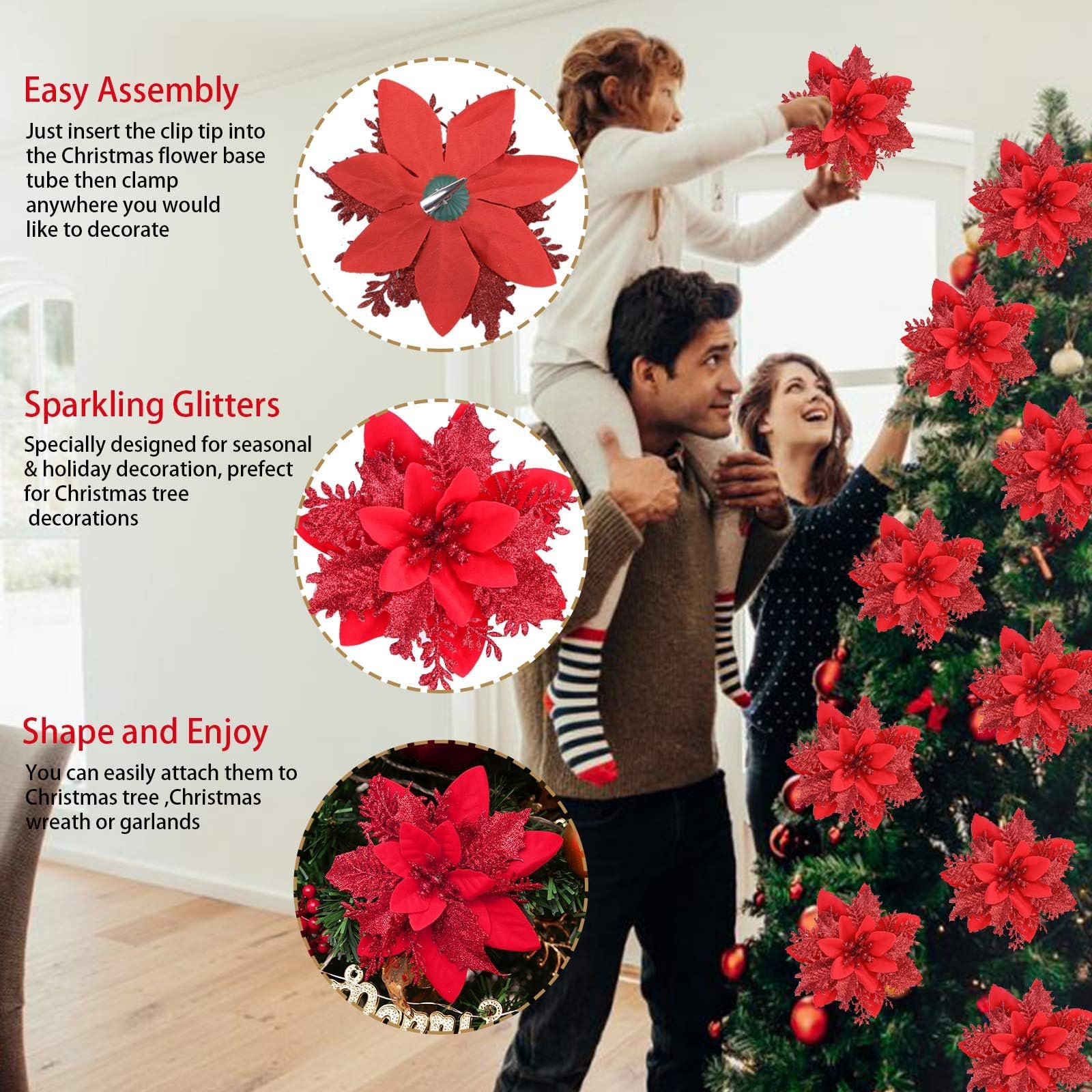 BAOTUJIA 12Pcs Red Christmas Poinsettias Flowers Decoration Artificial Flowers for Christmas Tree Ornaments Suitable for Home Christmas Decorations Xmas Tree Decorations Items Wreath Making – view 4