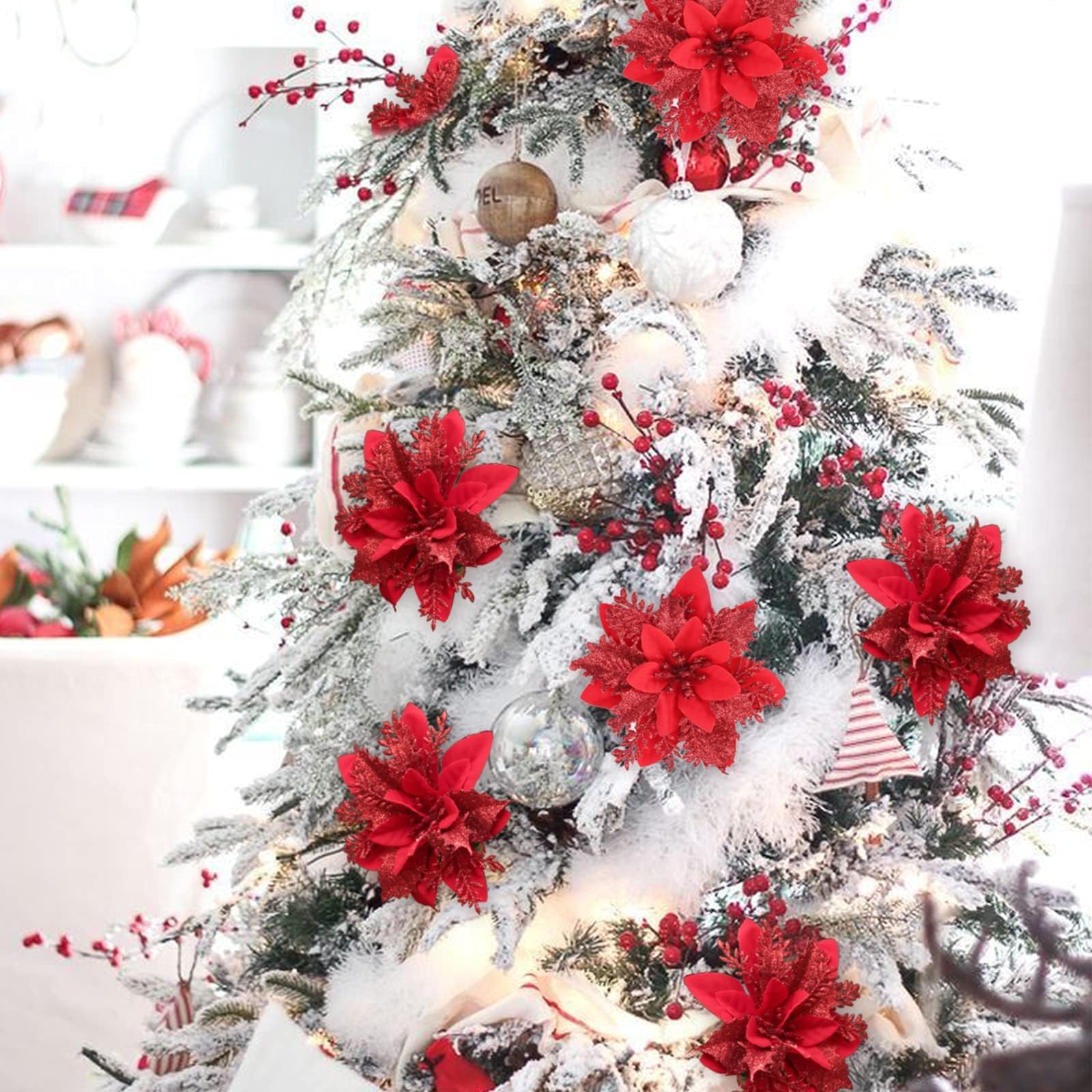 BAOTUJIA 12Pcs Red Christmas Poinsettias Flowers Decoration Artificial Flowers for Christmas Tree Ornaments Suitable for Home Christmas Decorations Xmas Tree Decorations Items Wreath Making – view 5