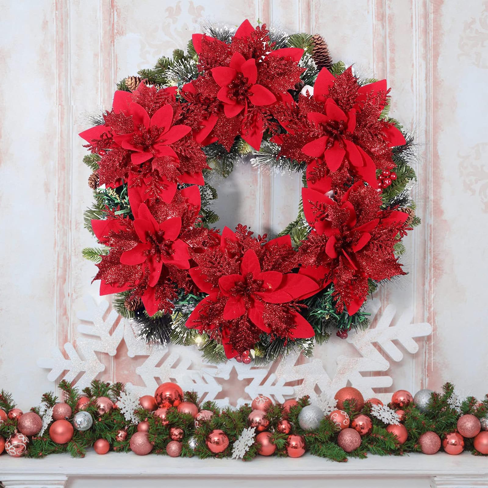 BAOTUJIA 12Pcs Red Christmas Poinsettias Flowers Decoration Artificial Flowers for Christmas Tree Ornaments Suitable for Home Christmas Decorations Xmas Tree Decorations Items Wreath Making – view 7