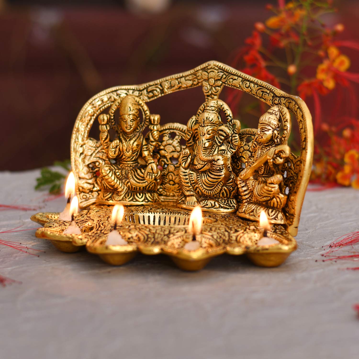 Collectible India Laxmi Ganesh Saraswati Idol Diya Oil Lamp Deepak - Metal Lakshmi Ganesha Showpiece Statue - Traditional Diya for Diwali Puja (8.5 x 5.1 x 4.7, 1 Count) – view 2
