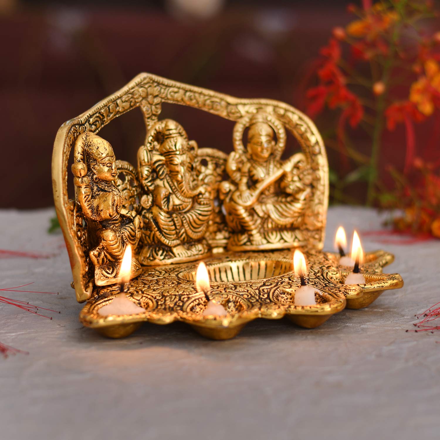 Collectible India Laxmi Ganesh Saraswati Idol Diya Oil Lamp Deepak - Metal Lakshmi Ganesha Showpiece Statue - Traditional Diya for Diwali Puja (8.5 x 5.1 x 4.7, 1 Count) – view 3