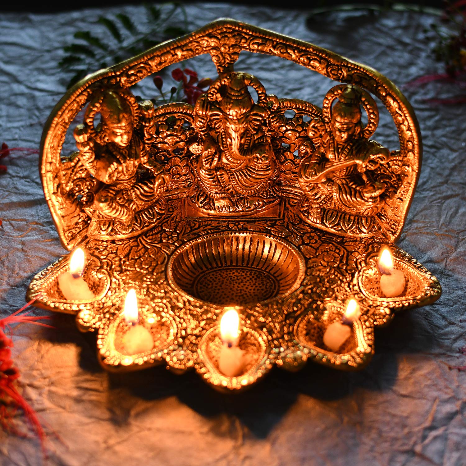 Collectible India Laxmi Ganesh Saraswati Idol Diya Oil Lamp Deepak - Metal Lakshmi Ganesha Showpiece Statue - Traditional Diya for Diwali Puja (8.5 x 5.1 x 4.7, 1 Count) – view 5