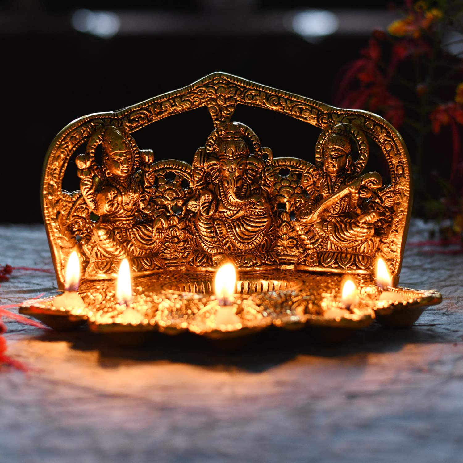 Collectible India Laxmi Ganesh Saraswati Idol Diya Oil Lamp Deepak - Metal Lakshmi Ganesha Showpiece Statue - Traditional Diya for Diwali Puja (8.5 x 5.1 x 4.7, 1 Count) – view 6