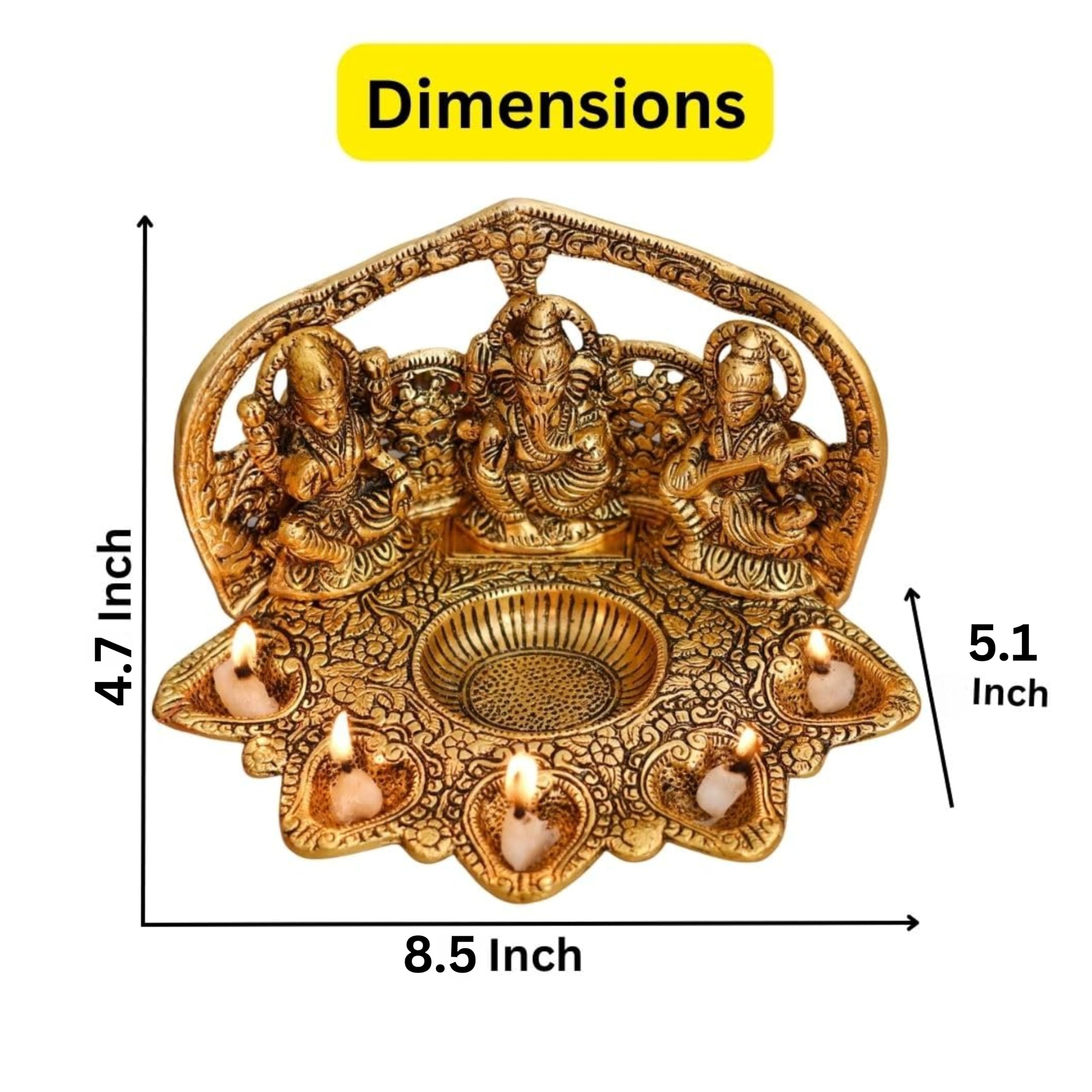 Collectible India Laxmi Ganesh Saraswati Idol Diya Oil Lamp Deepak - Metal Lakshmi Ganesha Showpiece Statue - Traditional Diya for Diwali Puja (8.5 x 5.1 x 4.7, 1 Count) – view 7