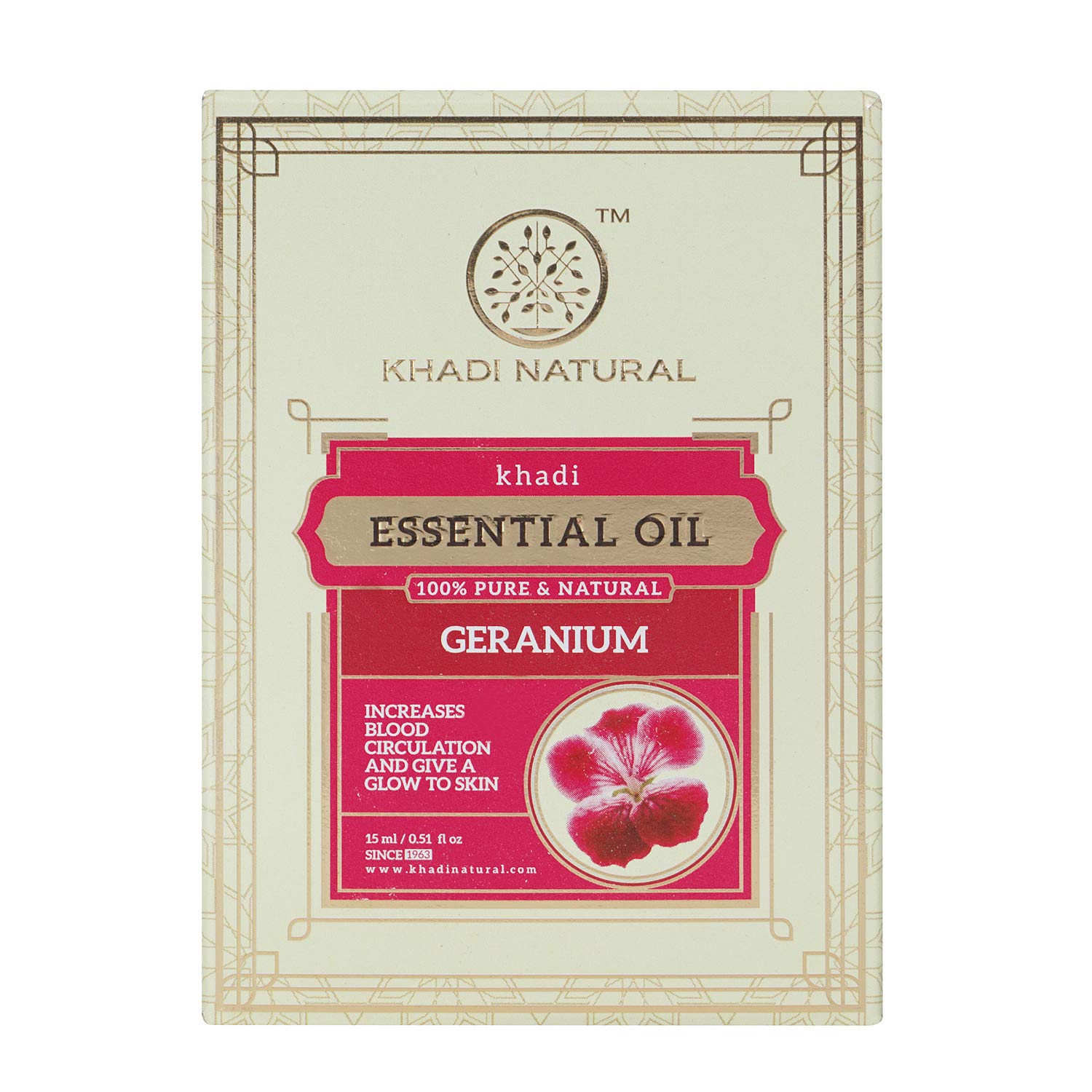 Geranium essential oil 15 ml from Khadi Natural in retail packaging