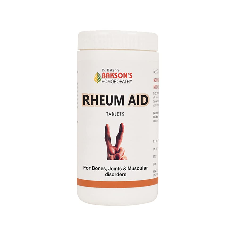 Front pack of Bakson Rheum Aid Tablets in bottle form