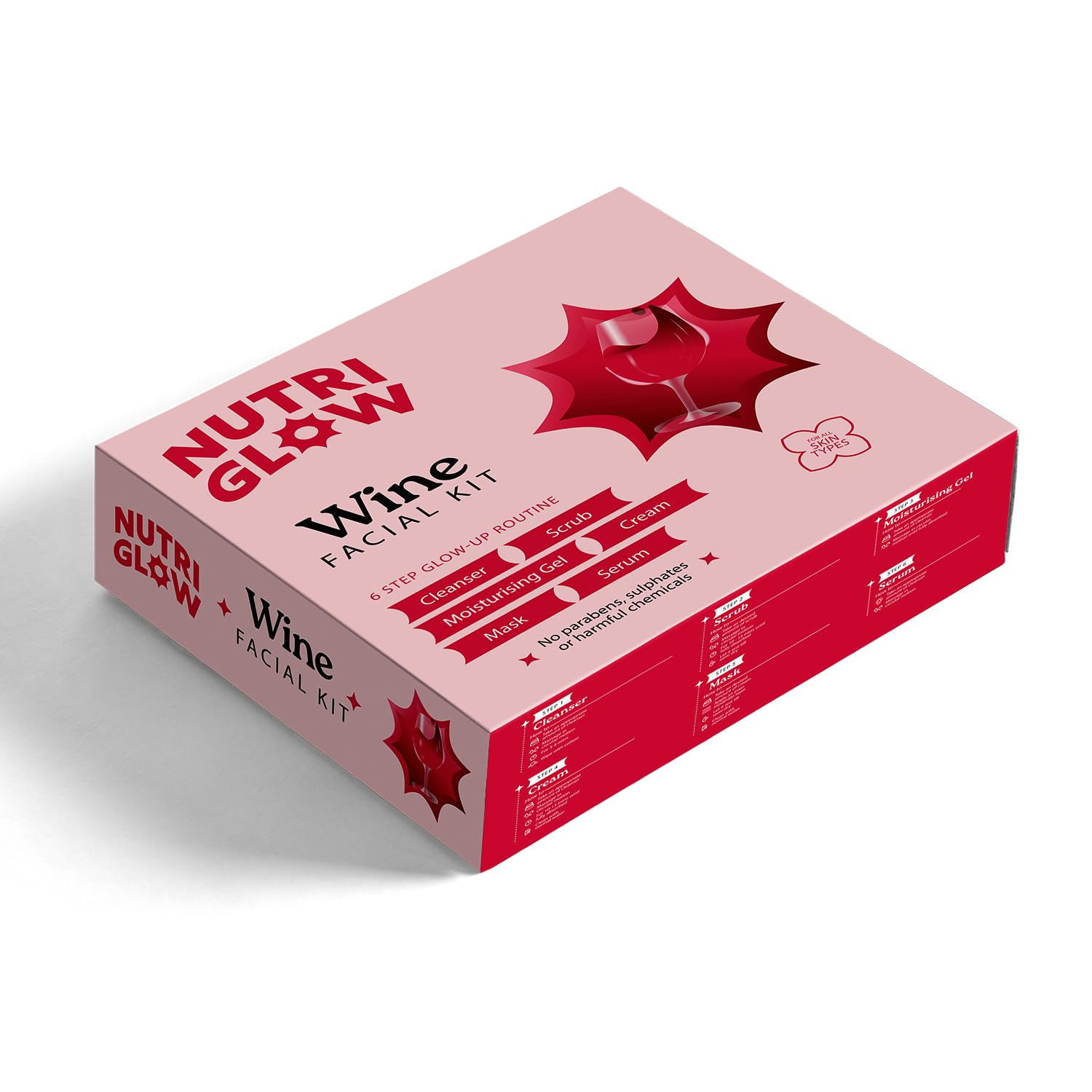 NutriGlow 6-step red wine facial kit jars and serum pack