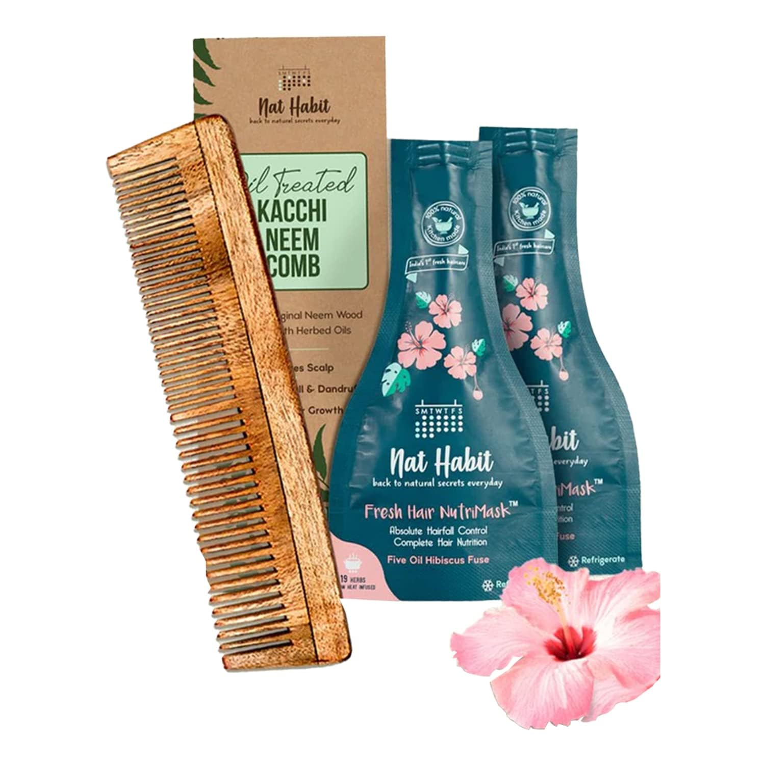 Dual tooth neem wood comb with hibiscus nutrimask set
