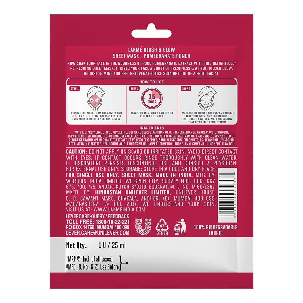 Lakme Blush & Glow Pomegranate Sheet Mask, Soothing, Hydrating, 25 ml – view 2