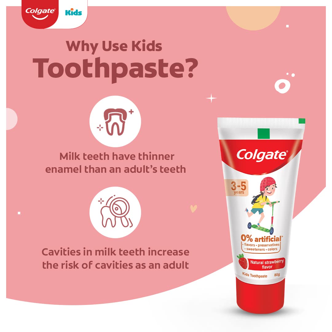 Colgate Toothpaste for Kids (3-5 years), Natural Strawberry Flavour - 80 gr Tube,Cavity Protection,0% artificial preservatives, colors , sweetners – view 3
