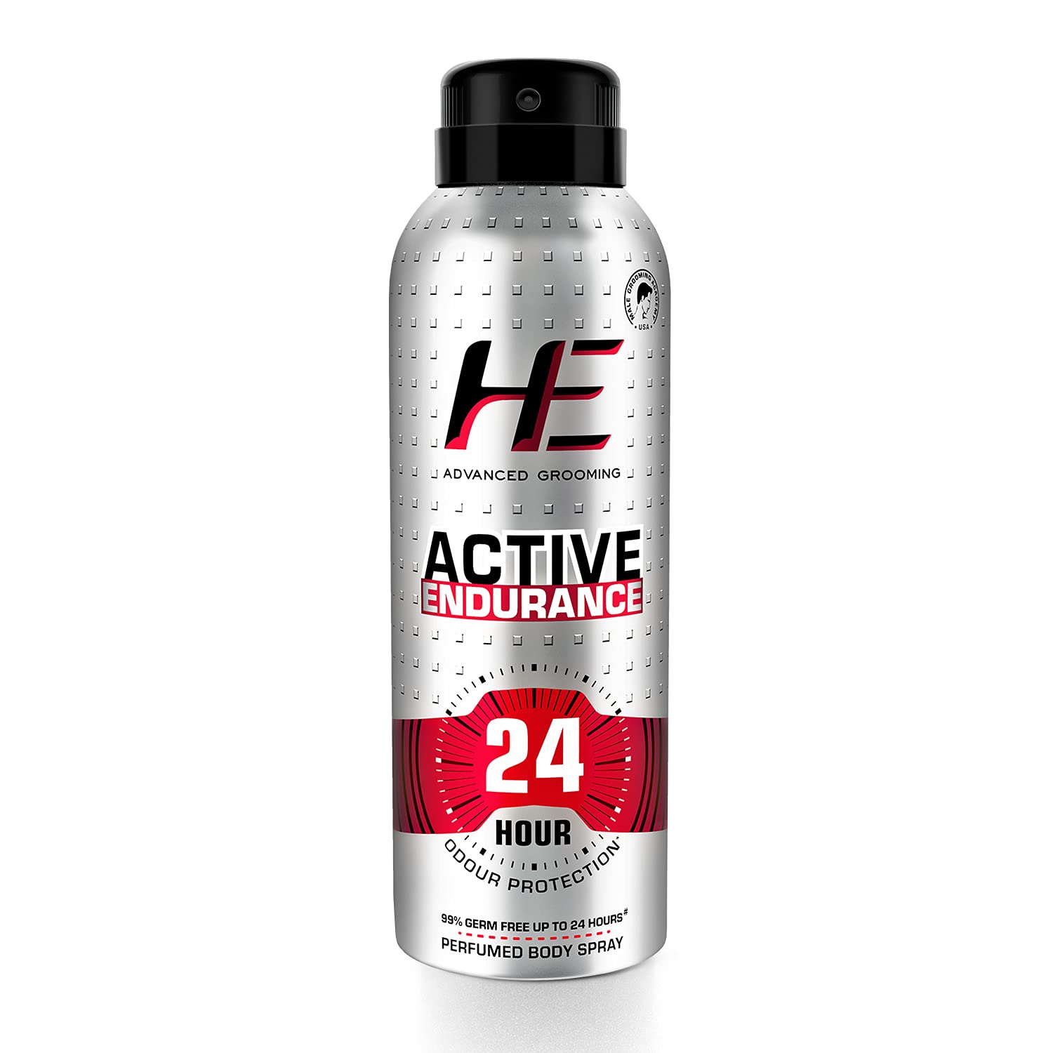 Front view of HE Active Endurance deodorant spray can for men