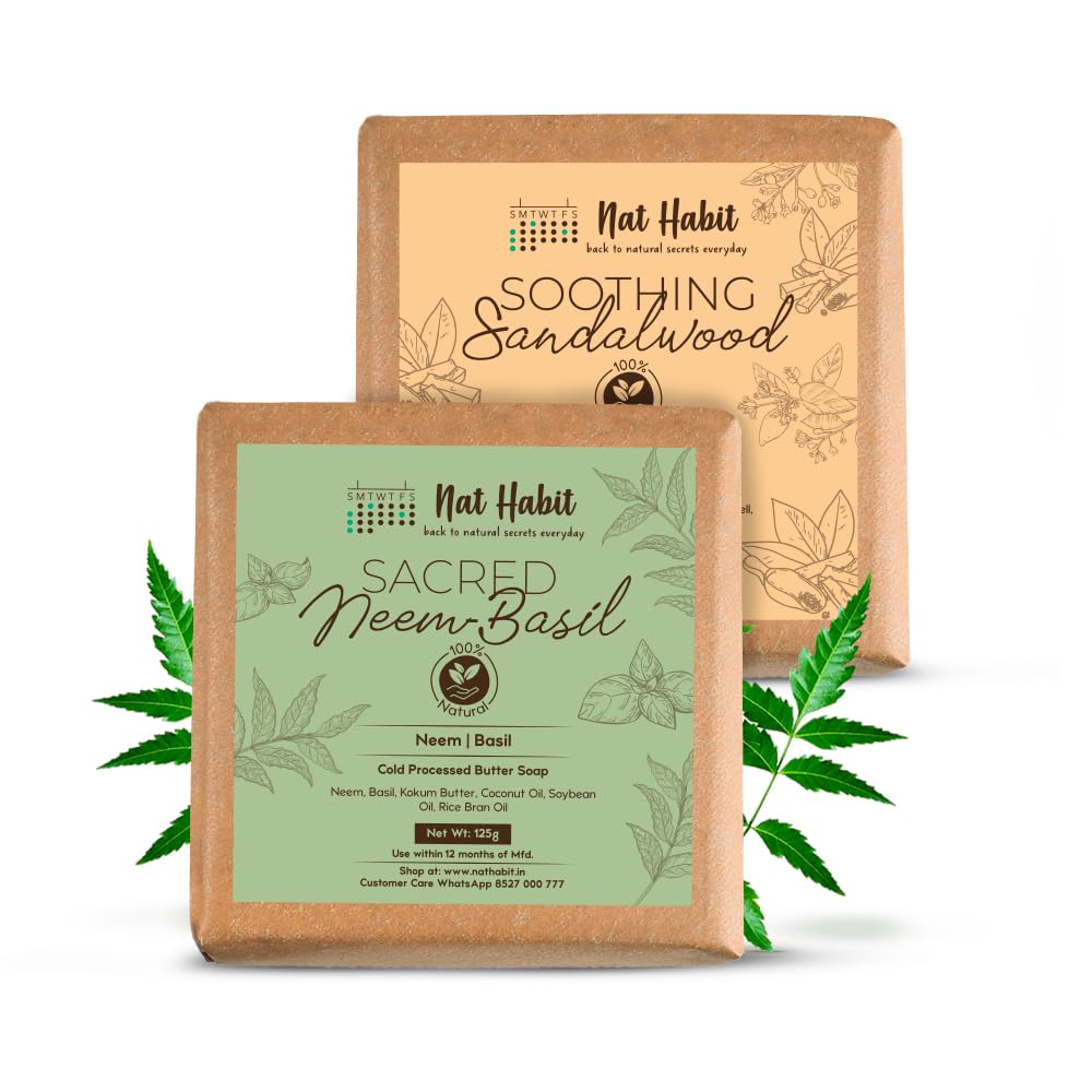 Two cold-processed Nat Habit neem and sandalwood soap bars