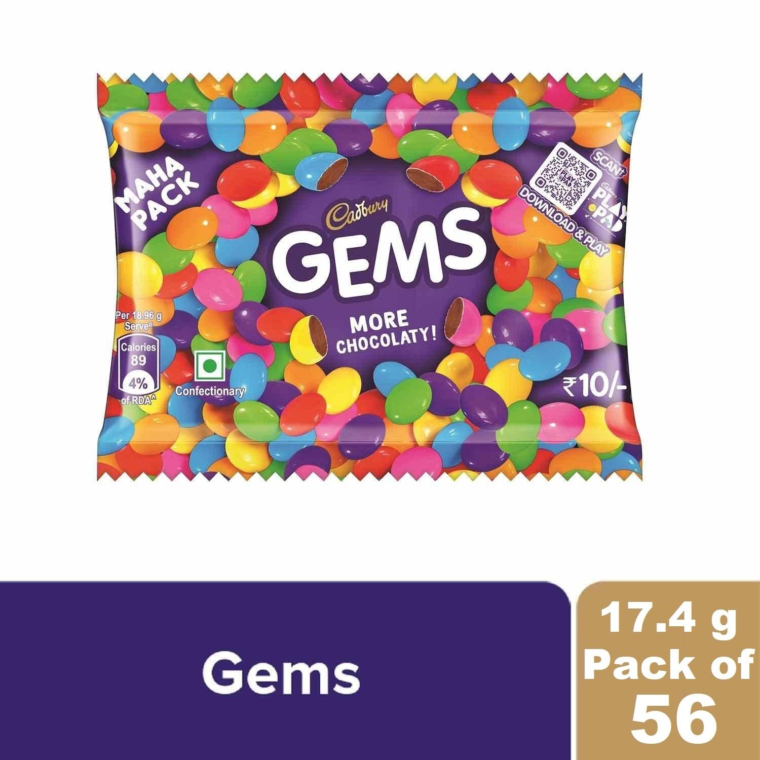 Cadbury Gems pack of colorful coated milk chocolate pouches