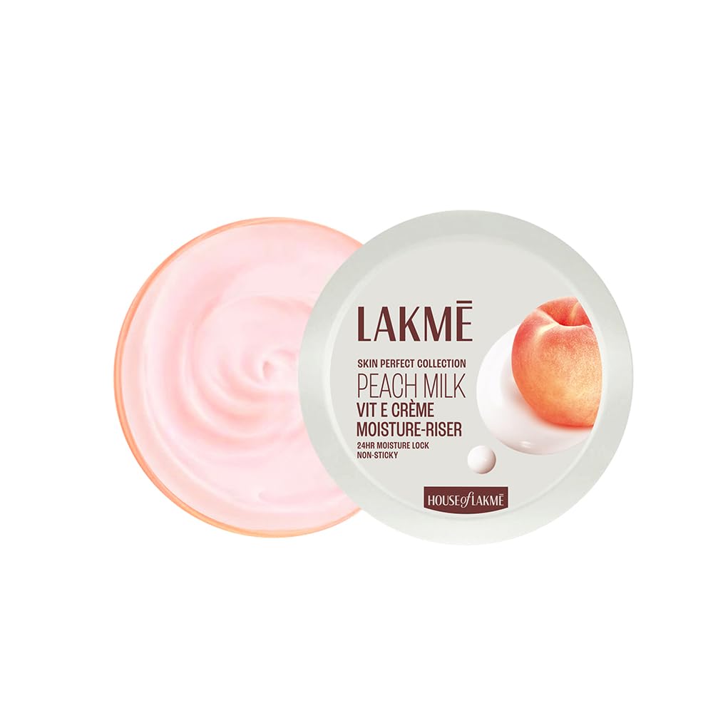 Lakme Peach Milk lightweight face moisturizer packaging front with cream jar