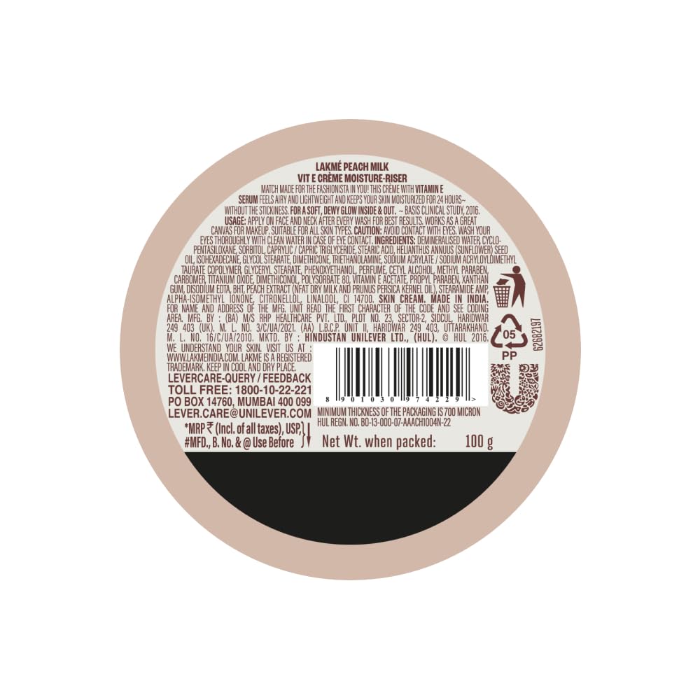 Lakme Peach Milk, Soft Creme Face Moisturizer, 100g, for Soft, Glowing Skin, with Vitamin E & Peach Milk Extract, 24Hr Moisture Lock, Lightweight, Non-Sticky, Non-Oily, All Skin Types – view 2