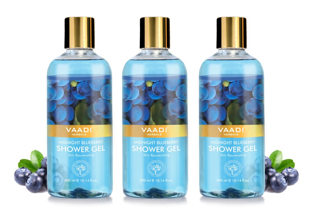 Midnight Blueberry shower gel pack of three with Vaadi Herbals branding