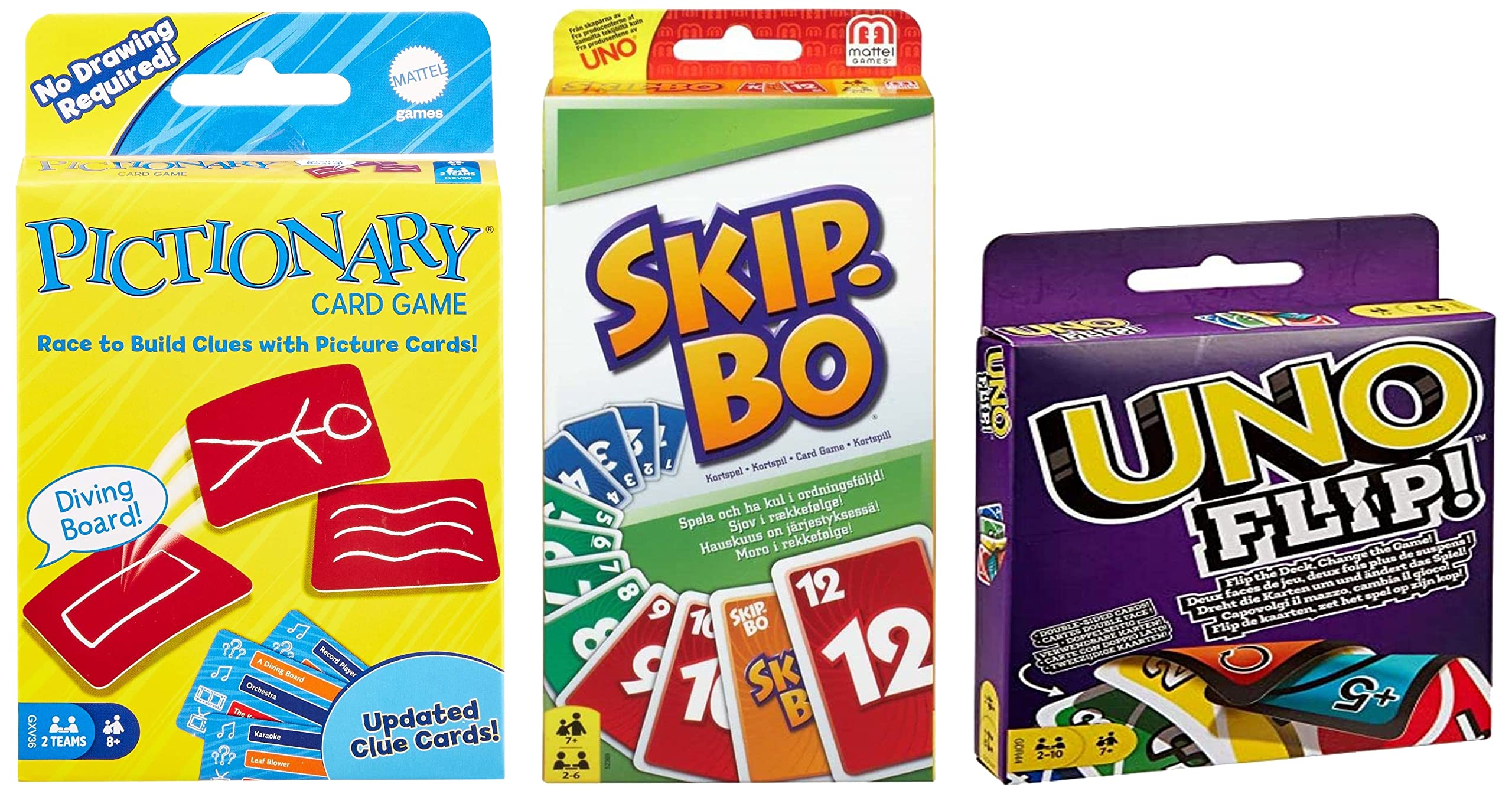 Games PICTIONARY Card Refresh, Multicolor & Mattel Uno Flip Side & Mattel Skip-Bo CardGame