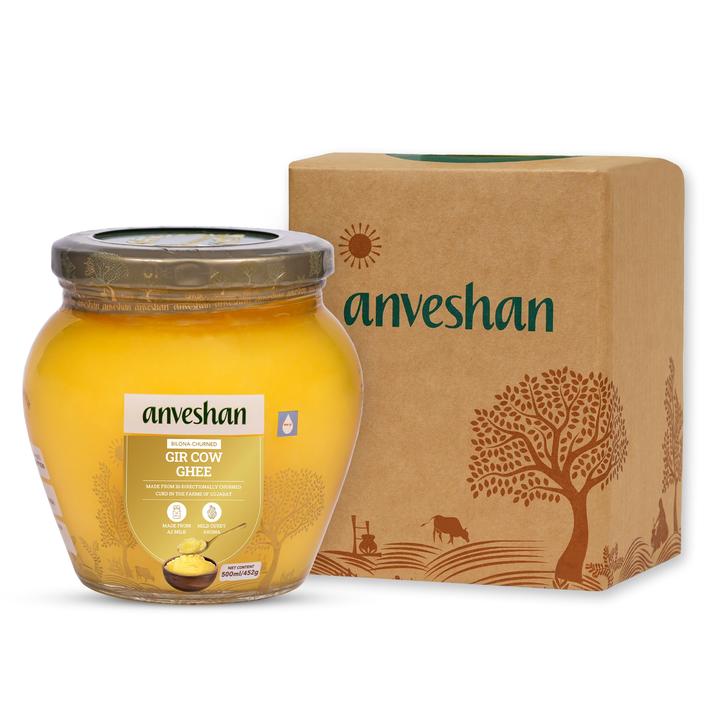 Anveshan A2 Gir cow ghee 500 ml jar front view