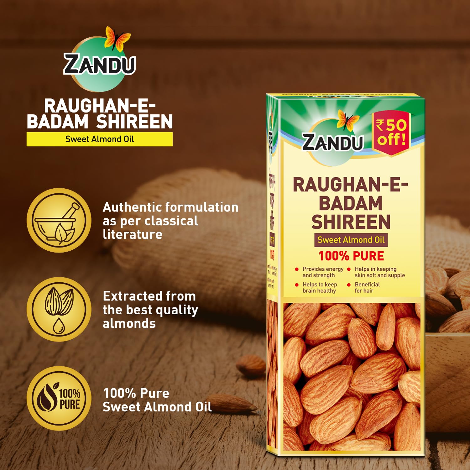 ZANDU RAUGHAN-E-BADAM SHIREEN Sweet Almond Oil 100% Pure & Natural cold pressed 100ml – view 2