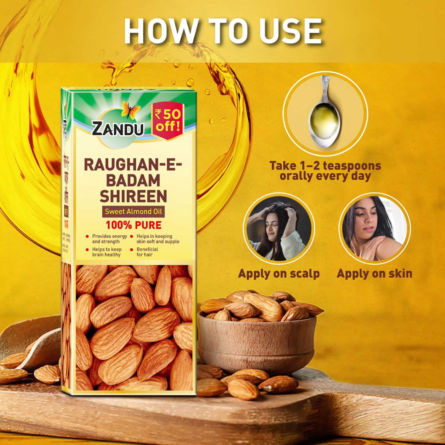 ZANDU RAUGHAN-E-BADAM SHIREEN Sweet Almond Oil 100% Pure & Natural cold pressed 100ml – view 4