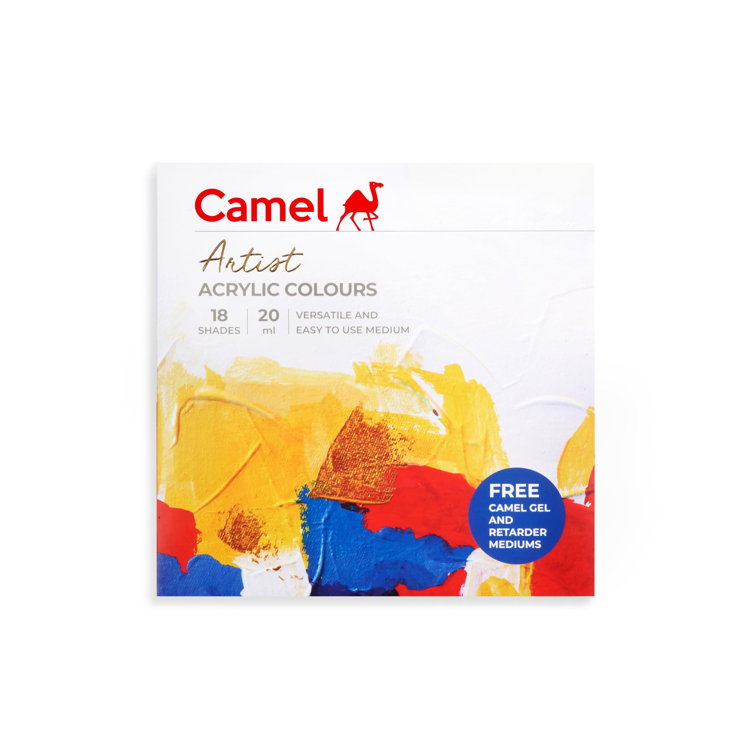 18-shade Camel acrylic paint tubes with gel and retarder mediums
