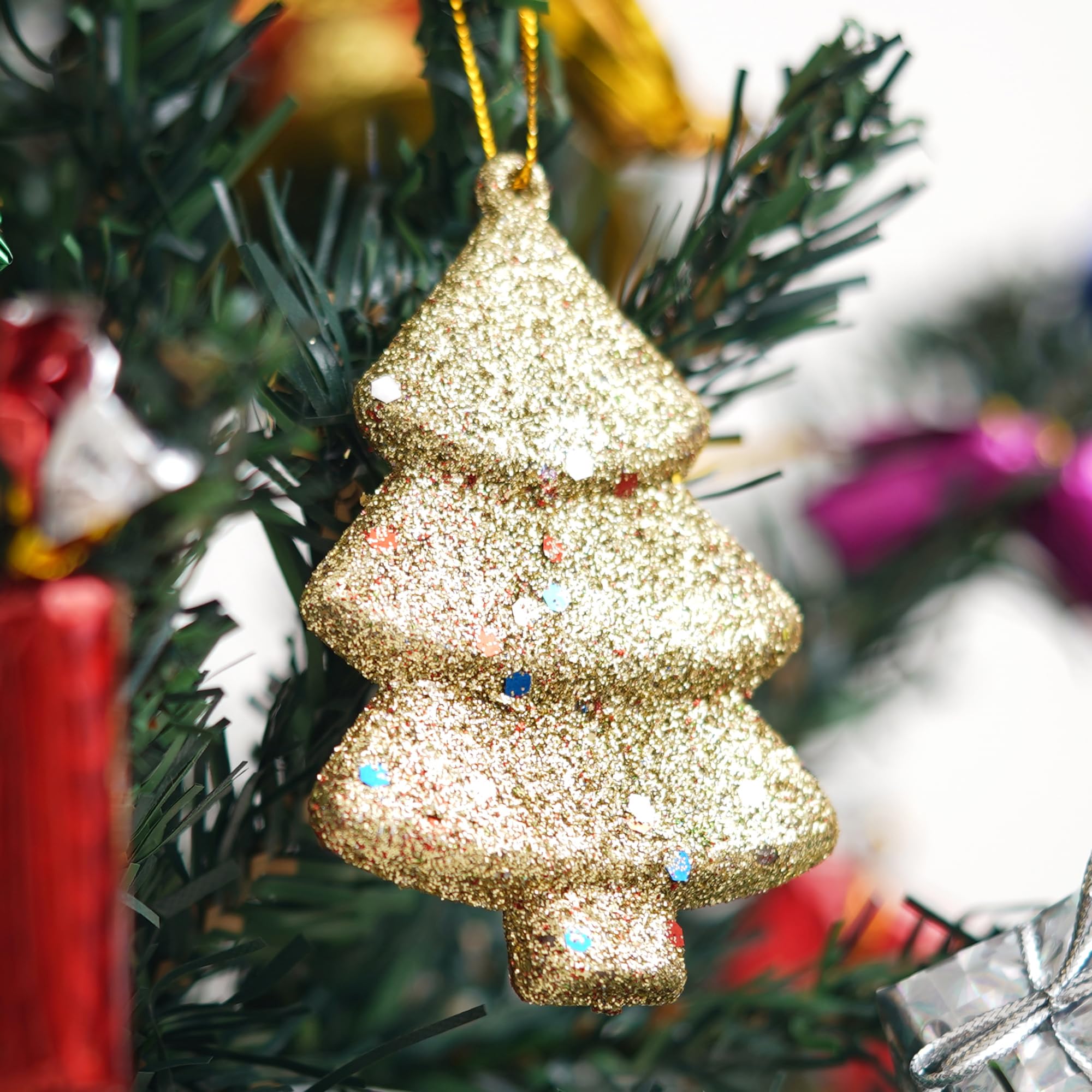 eCraftIndia Sparkly Christmas Trees (Set of 4, Red Green Golden Silver) Christmas Tree Decoration Items Hanging Ornaments Props – view 2