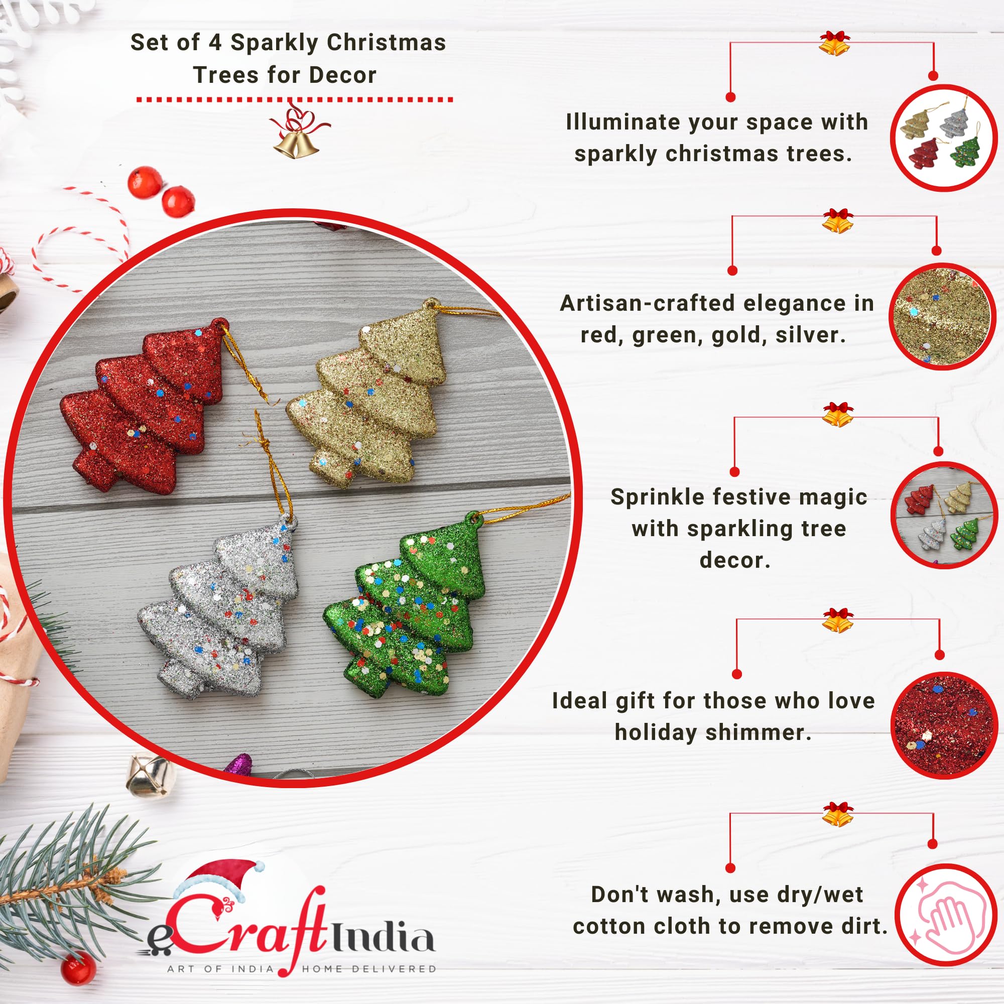eCraftIndia Sparkly Christmas Trees (Set of 4, Red Green Golden Silver) Christmas Tree Decoration Items Hanging Ornaments Props – view 5