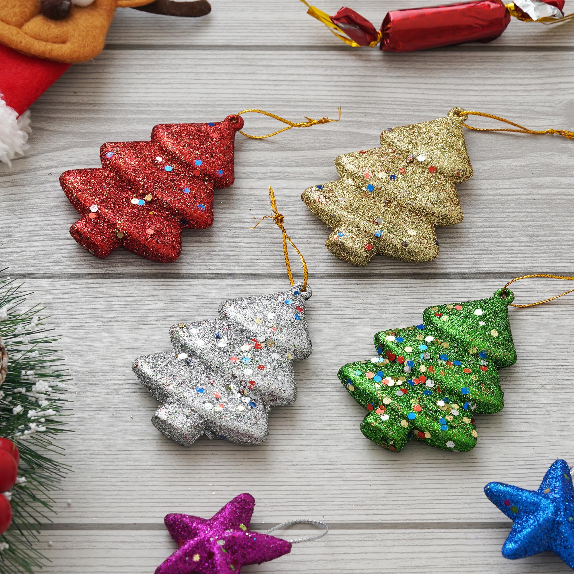 eCraftIndia Sparkly Christmas Trees (Set of 4, Red Green Golden Silver) Christmas Tree Decoration Items Hanging Ornaments Props – view 6