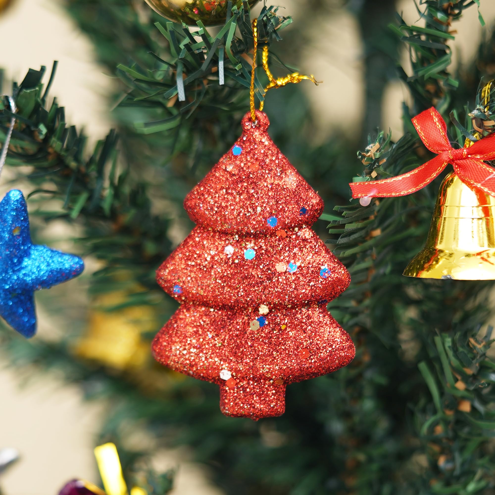eCraftIndia Sparkly Christmas Trees (Set of 4, Red Green Golden Silver) Christmas Tree Decoration Items Hanging Ornaments Props – view 9