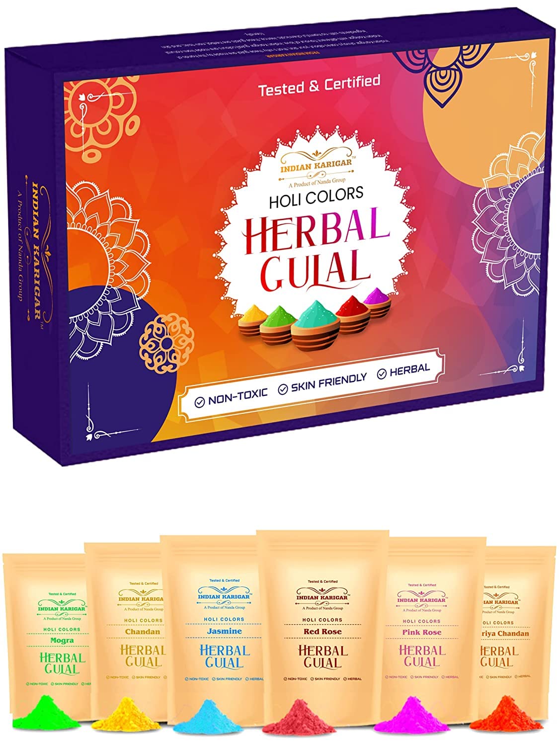 Indian Karigar Starch Holi Gulal for Holi Colour 480g 6 Flavor — 80g Herbal Gulal Organic Holi Colours for Family Non Toxic Holi Color Organic Skin Safe Holi Colors Holi Gifts Pack of 6 Multicolor