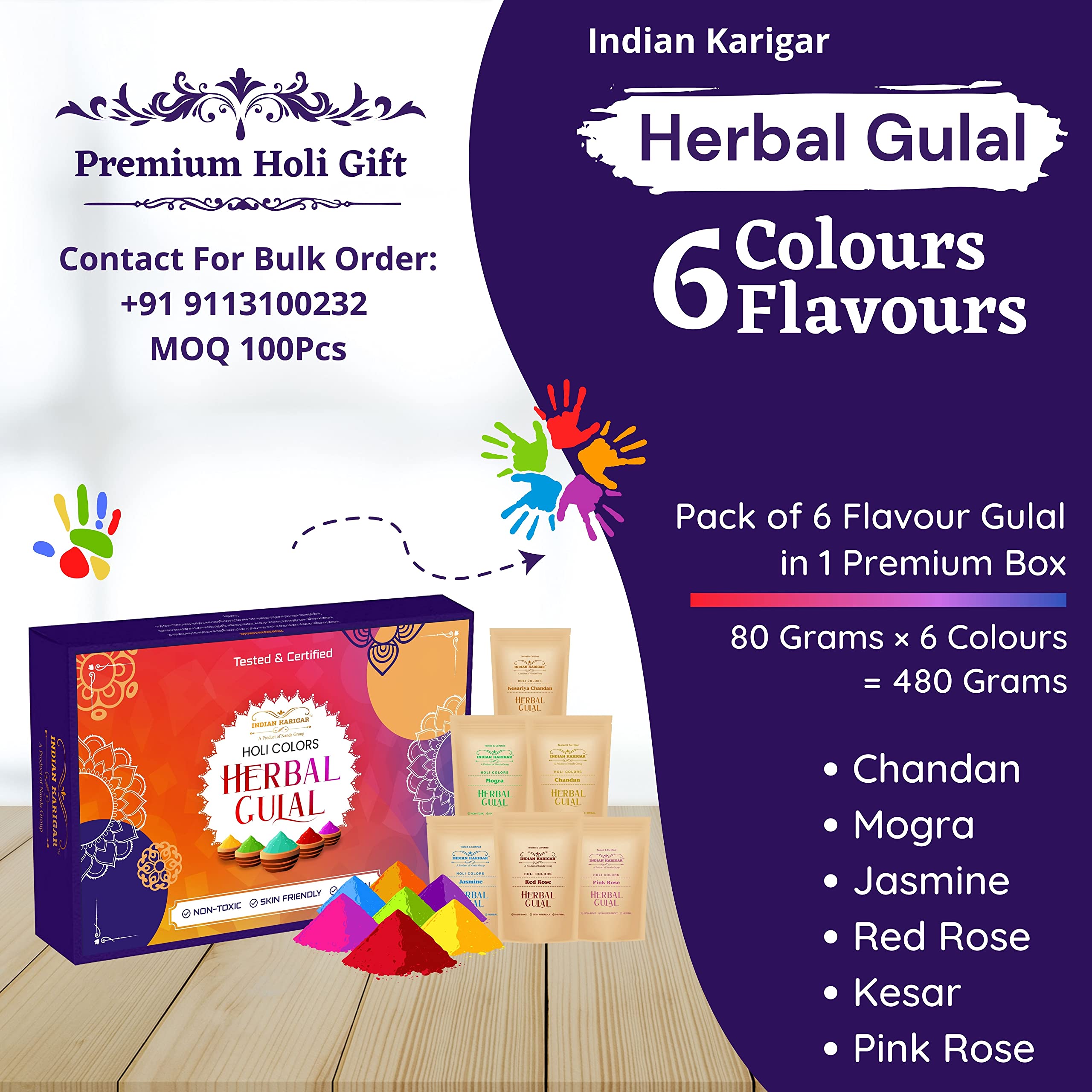 Indian Karigar Starch Holi Gulal for Holi Colour 480g 6 Flavor — 80g Herbal Gulal Organic Holi Colours for Family Non Toxic Holi Color Organic Skin Safe Holi Colors Holi Gifts Pack of 6 Multicolor – view 3