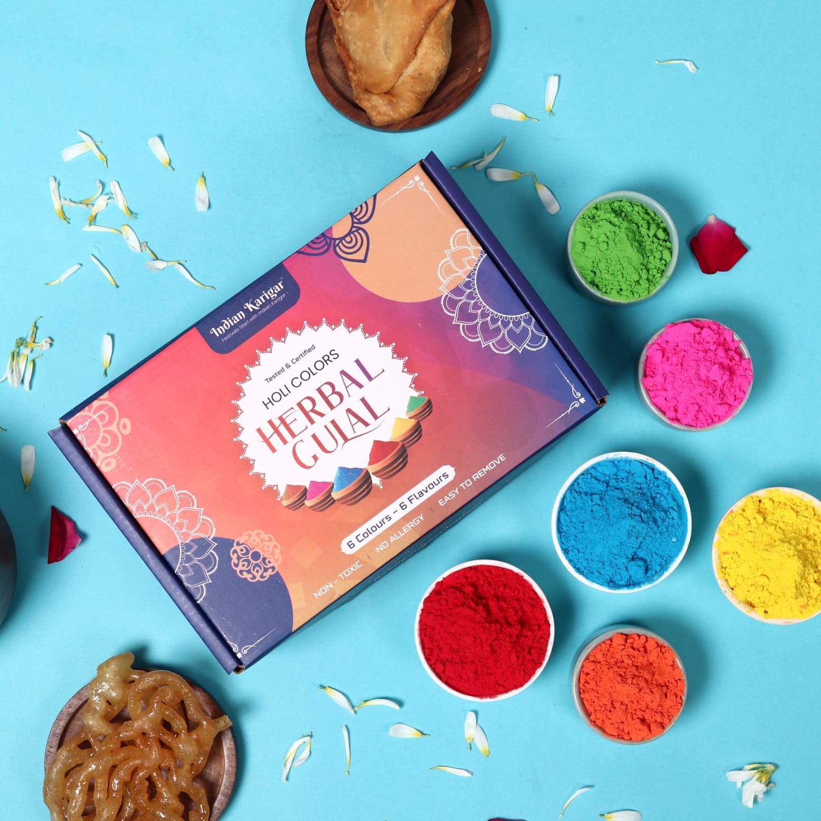 Indian Karigar Starch Holi Gulal for Holi Colour 480g 6 Flavor — 80g Herbal Gulal Organic Holi Colours for Family Non Toxic Holi Color Organic Skin Safe Holi Colors Holi Gifts Pack of 6 Multicolor – view 8