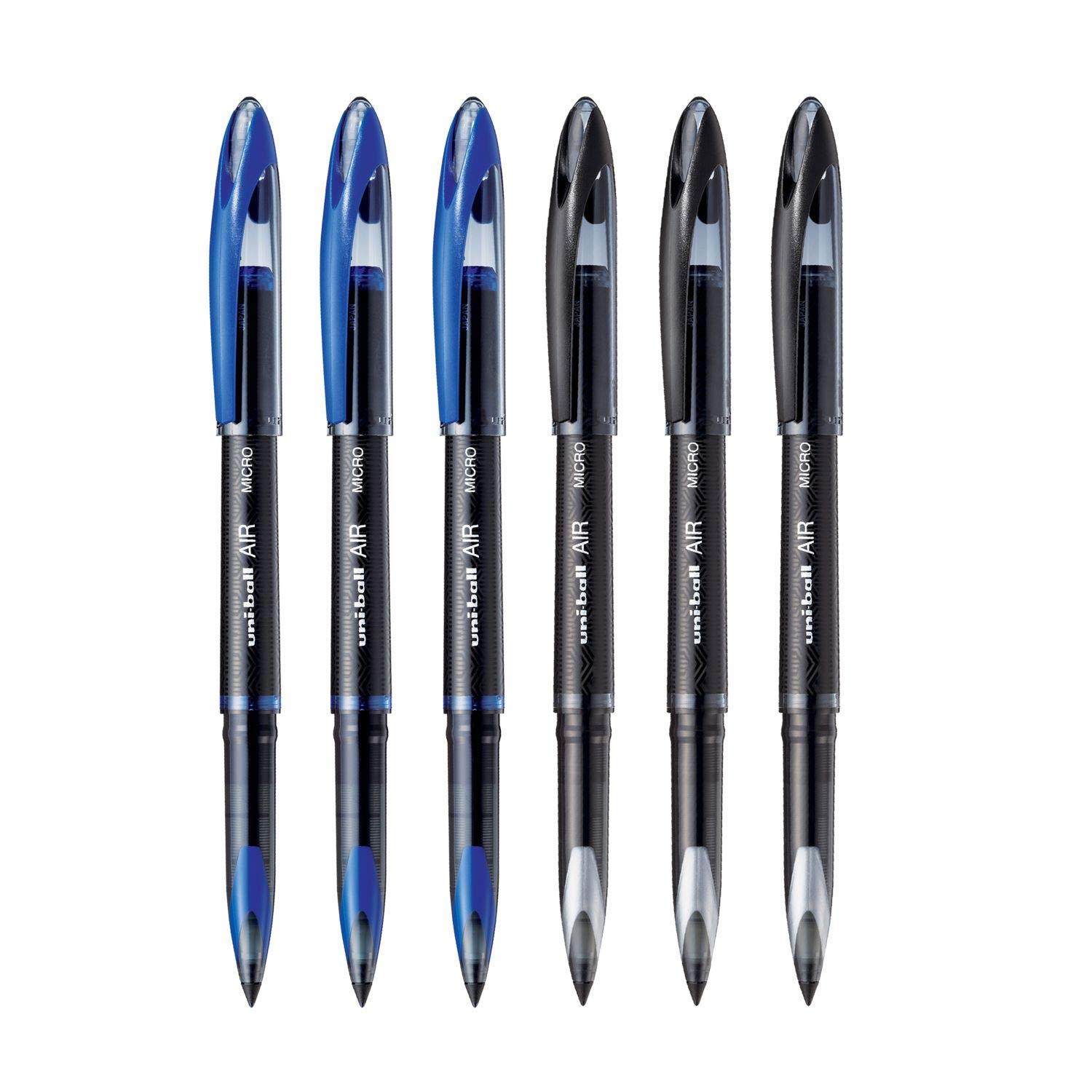 Three uni-ball Air black roller ball pens with capped barrels