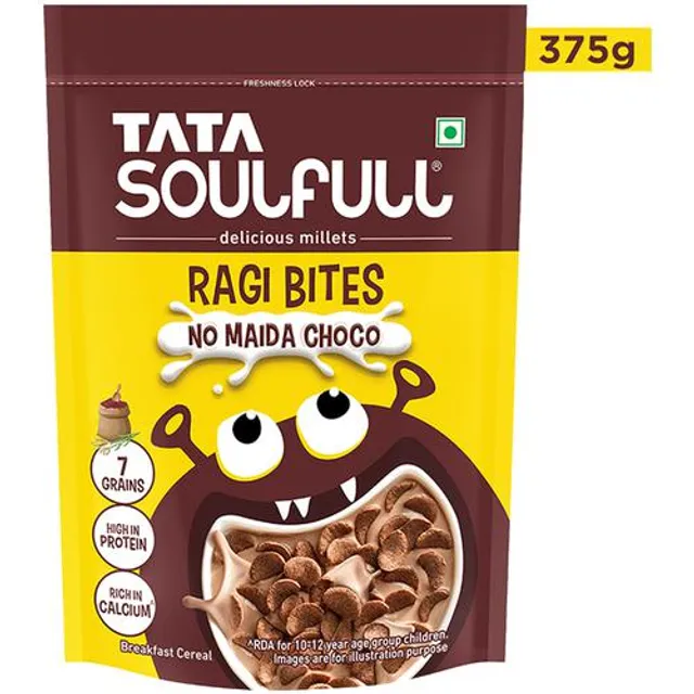 Front view of Soulfull Ragi Bites chocolate cereal bag