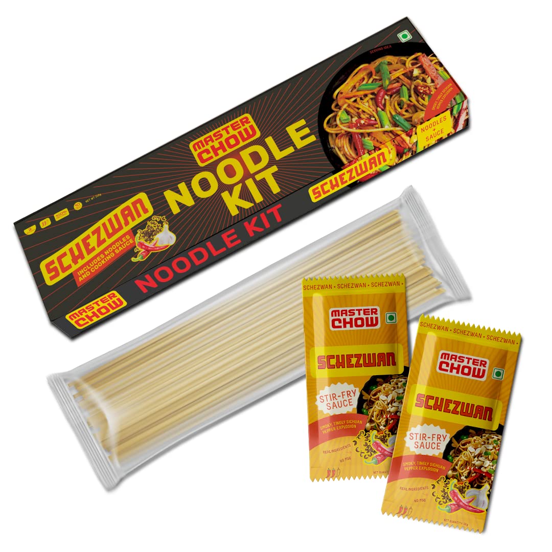 Packet of MasterChow Schezwan noodle kit with Hakka noodles and sauces