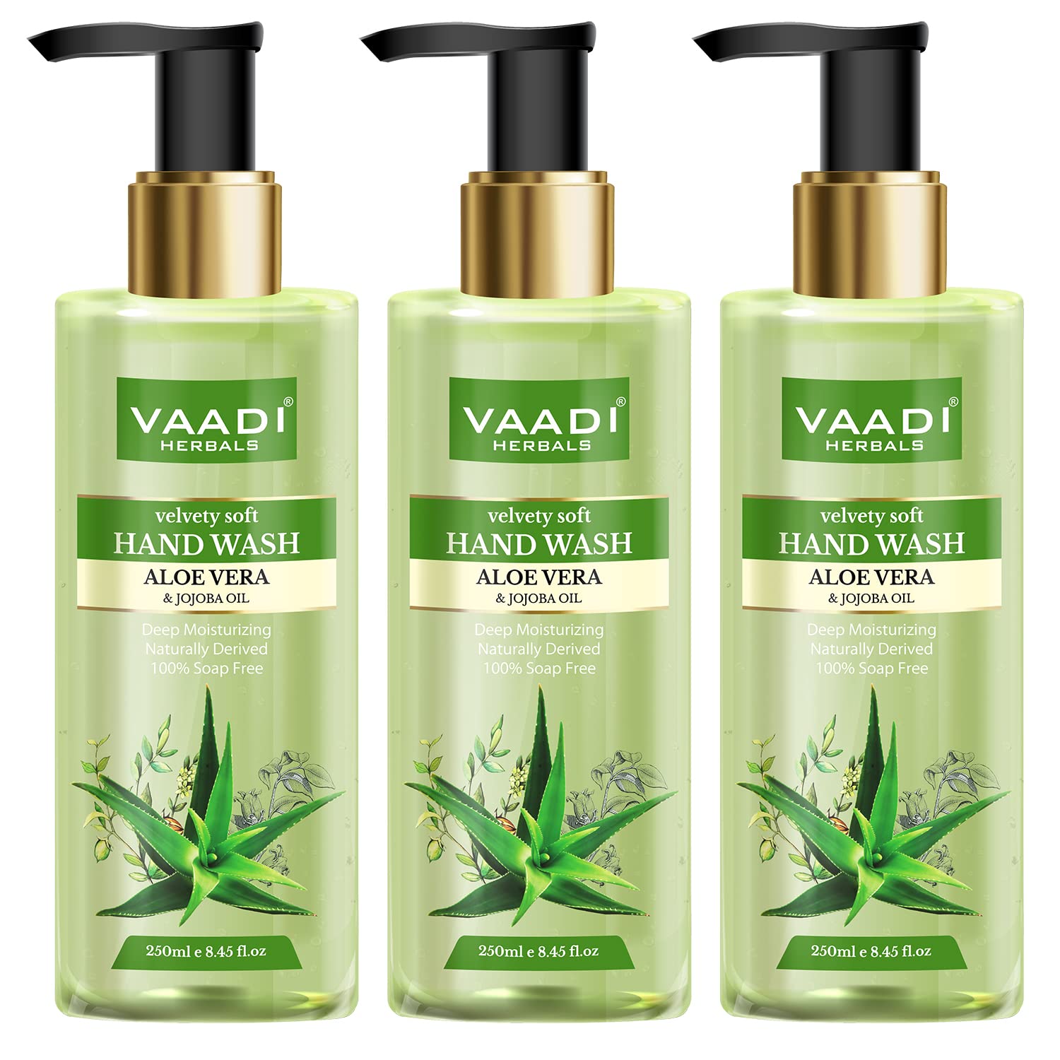 Three Vaadi Herbals velvety soft hand wash bottles with aloe vera