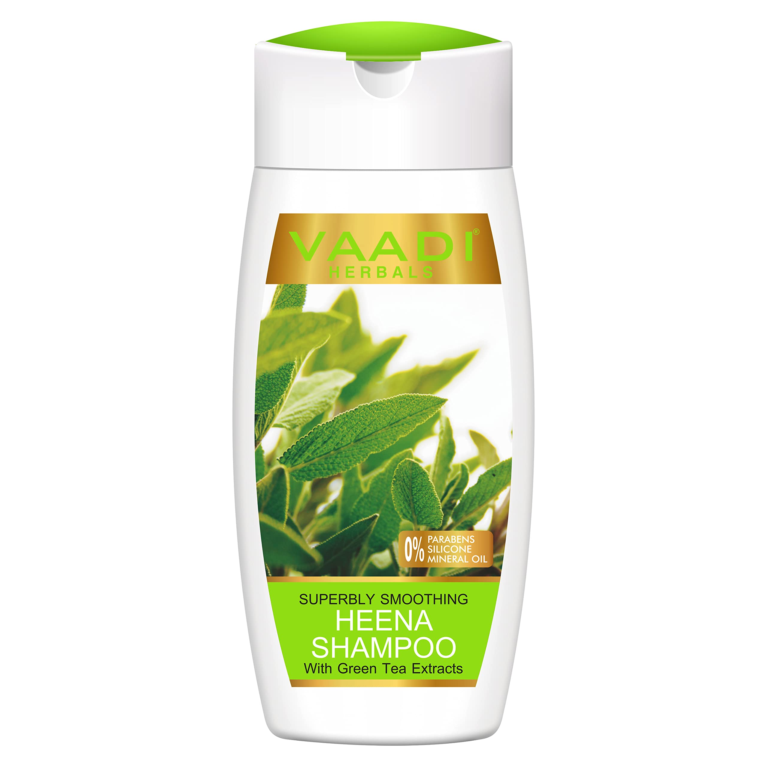 Front view of Vaadi Herbals Heena smoothing shampoo bottle