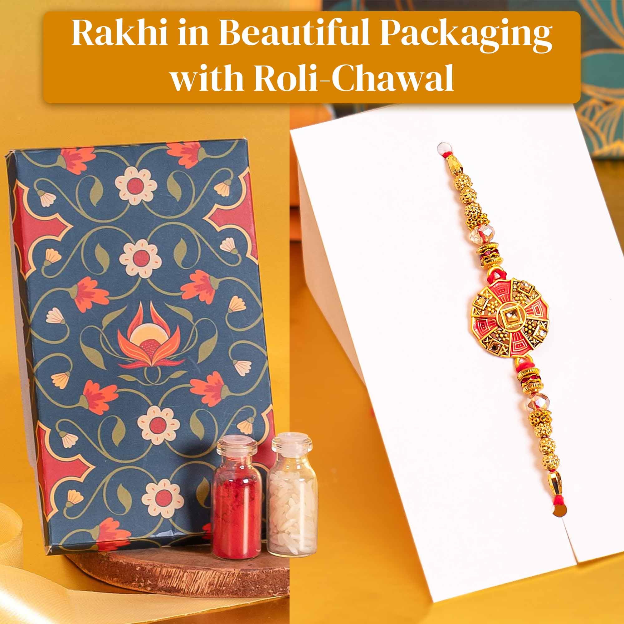 Anmol Rakhi Gift Hamper - 7 Items Combo Pack - Chocolate Coated Almonds & Cashews - Four packets of Dry Fruits with Roli, Chawal & Rakhi – view 3