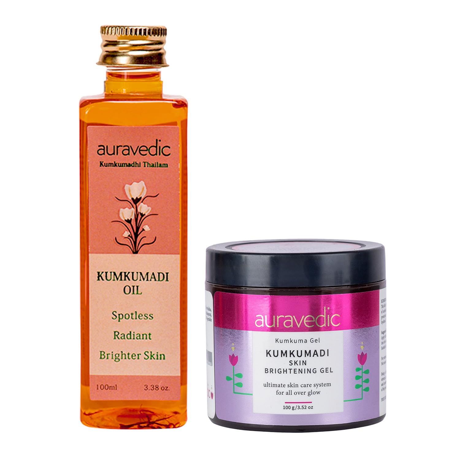 Auravedic Kumkumadi gel jar and face oil bottle combo
