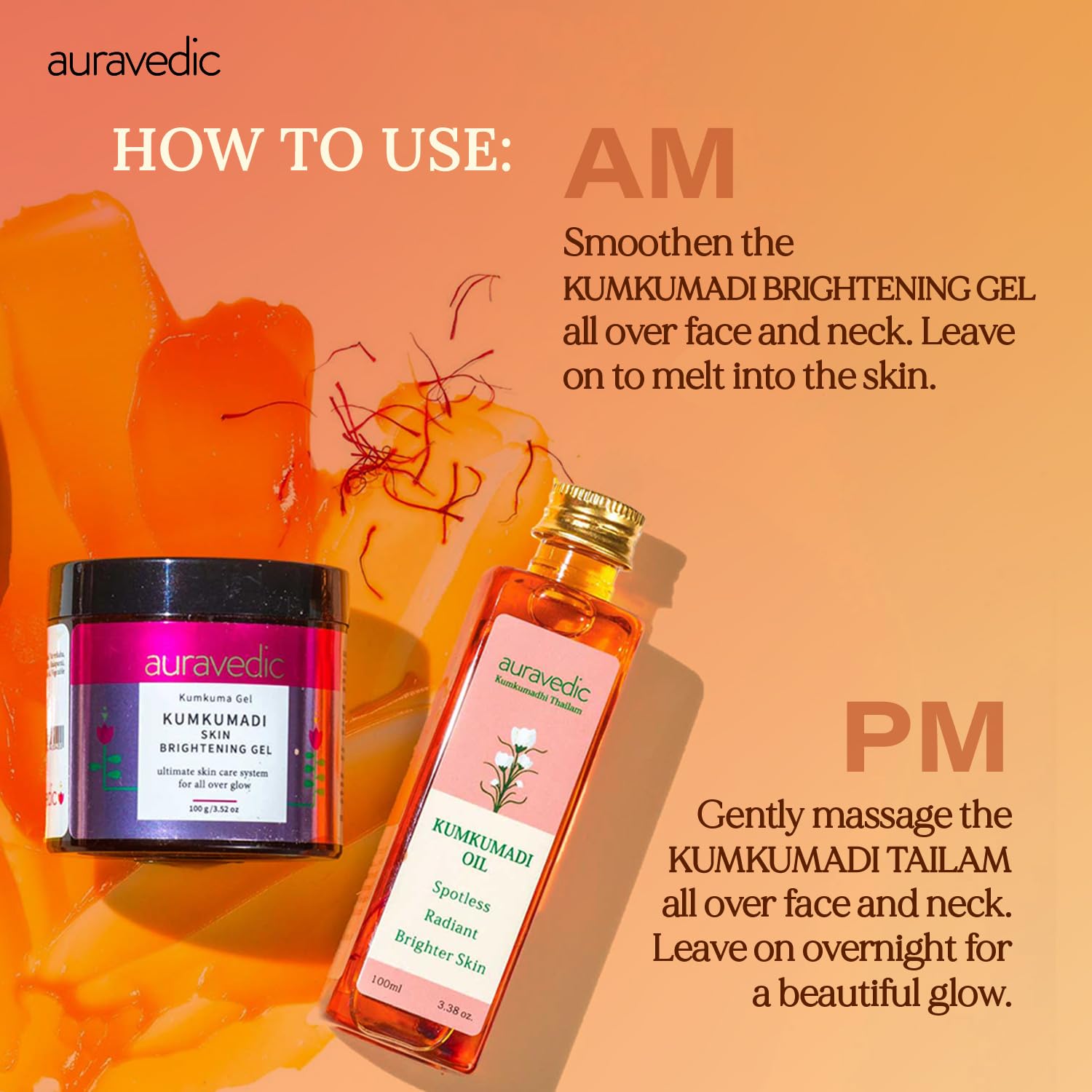 Auravedic Kumkumadi Brightening Gel And Kumkumadi Tailam Kumkumadi Face Oil For Glowing Skin Kumkumadi Gel 100 Gms With Kumkumadi Oil 100 ml Day And Night Combo – view 8