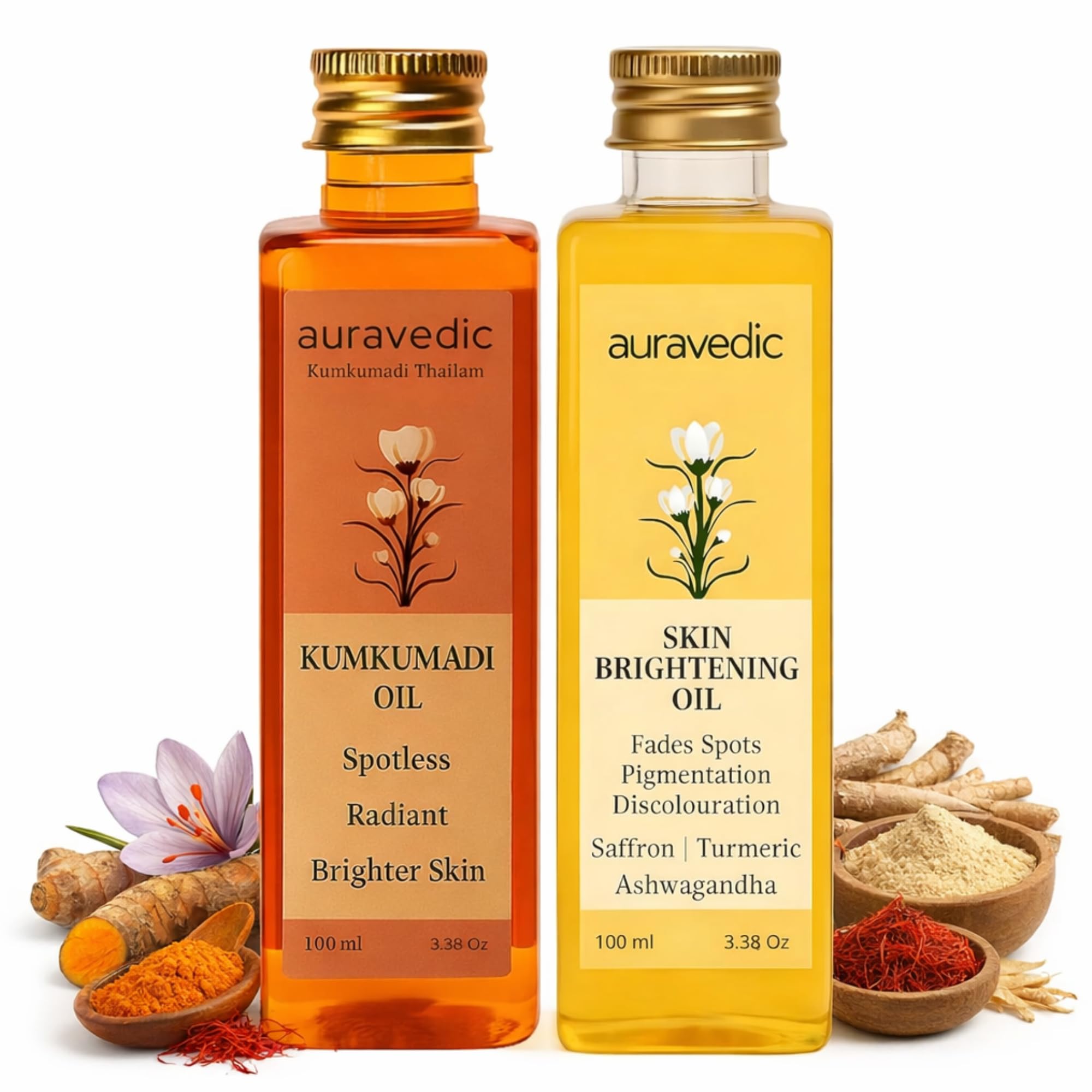 Two Auravedic face oils for glow and pigmentation care