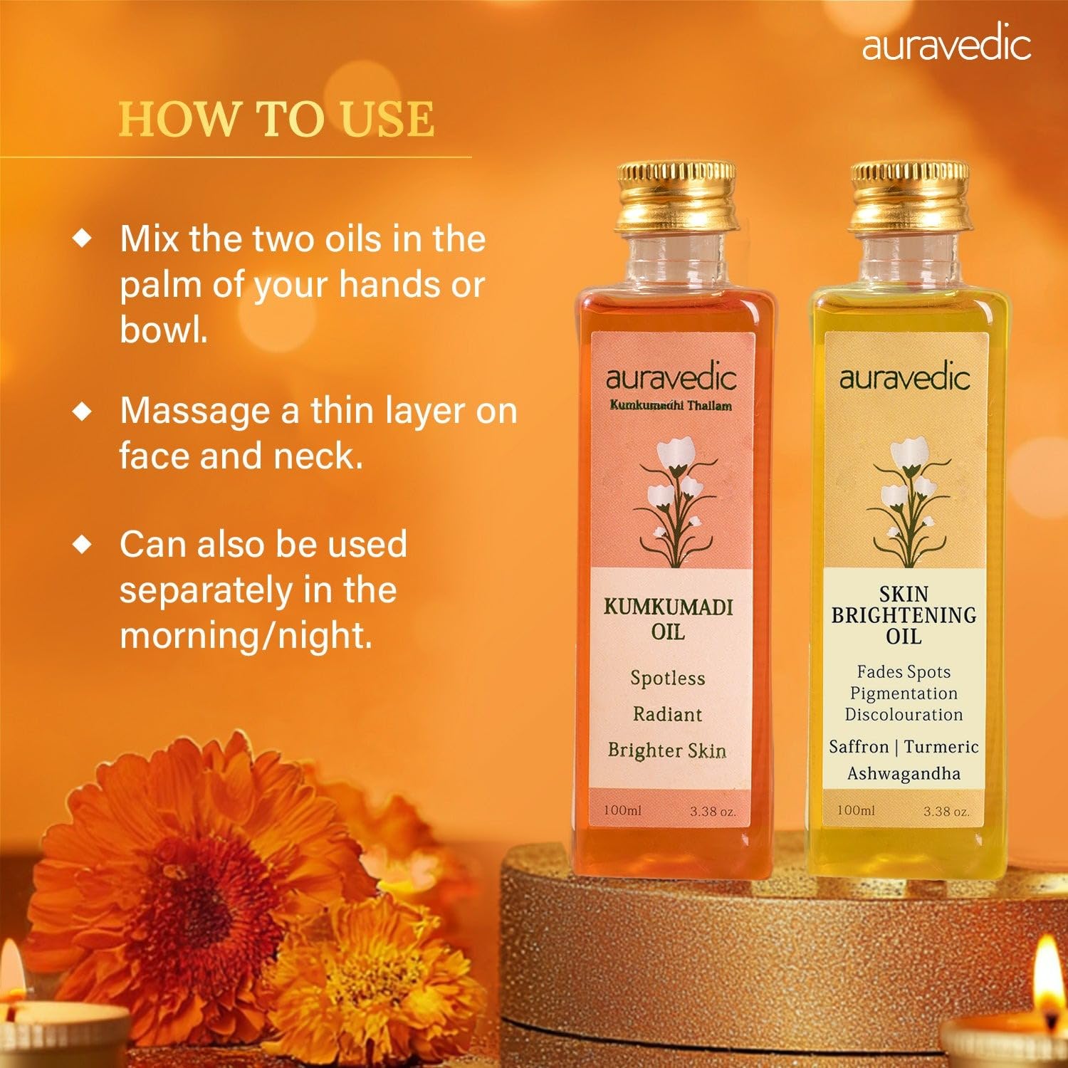 Auravedic Kumkumadi Oil For Face 100ml & Ashwagandha Saffron Turmeric Pigmentation Serum100ml Kumkumadi Tailam Face Oil Body Oil After Bath For Daily Use – view 6